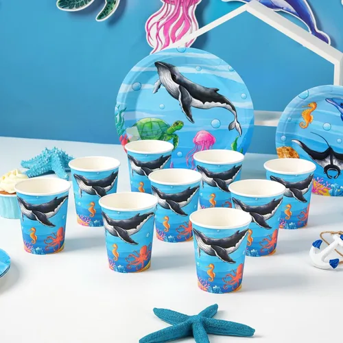 Miniatura 5 de WERNNSAI Decoraciones de fiesta de cumpleaños del océano, 64 platos y servilletas de tiburón, tazas bajo el mar, decoraciones de cumpleaños