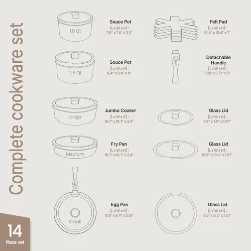 Miniatura 2 de Juego de ollas y sartenes antiadherentes de cerámica y granito, 14 piezas con asas desmontables, apilables, ahorro de espacio, apto para Mármol