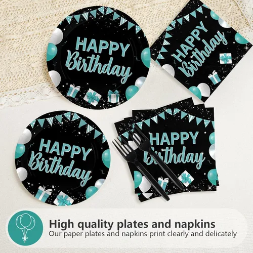 Miniatura 3 de 96 piezas de suministros para fiesta de feliz cumpleaños, decoraciones de color verde azulado y negro, 350 GSM, desechables, turquesa, juego