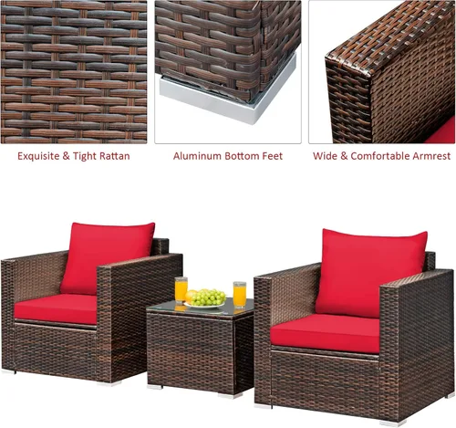 Miniatura 9 de COSTWAY Juego de muebles de patio de 3 piezas, sofá de mimbre para exteriores con cojines y mesa de centro con vidrio templado, juego moderno de Rojo