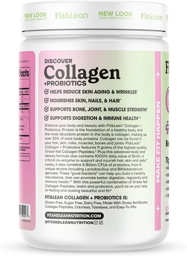 Miniatura 4 de Fit & Lean Colágeno + probióticos - Polvo de péptido de colágeno alimentado con pasto, sin sabor, 12.64 onzas