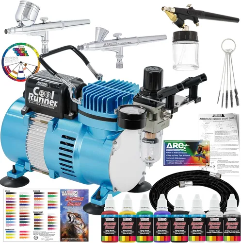 Equipo profesional de 3 sistemas de aerógrafo con compresor y kit de pinturas de 6 colores primarios, de Master Airbrush Azul frío