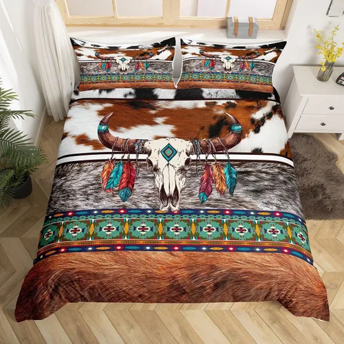 Miniatura 35 de Erosebridal Funda de edredón de piel de vaca marrón con estampado de vaca de las tierras altas, juego de ropa de cama occidental exótico azteca