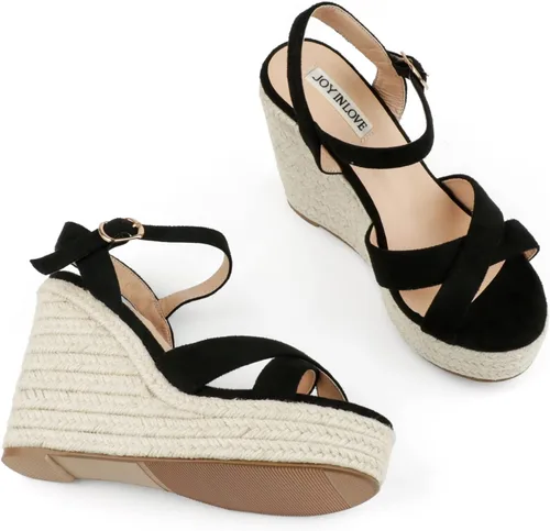 Miniatura 3 de JOY IN LOVE Alpargatas para mujer, sandalias de plataforma con tacón y correa al tobillo y hebilla