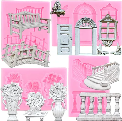 Mujiang Molde de silicona para banco, puente, puerta, ventana, pájaros, flores, fondant, para decoración de pasteles, caramelo, arcilla, resina,