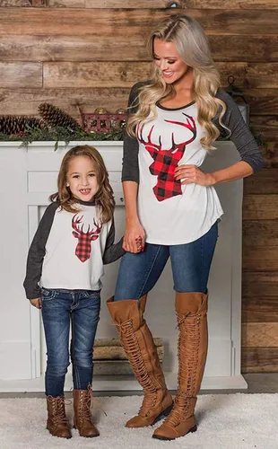 Miniatura 2 de Trajes de Navidad mamá y mí moda ciervos impresión de manga larga camiseta blusa tops a juego trajes familiares