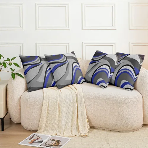 Miniatura 8 de Juego de 4 fundas de almohada geométricas reversibles para exteriores de 16 x 16 pulgadas, diseño geométrico de rayas azules, negras y grises, juego