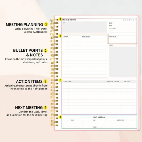 Miniatura 3 de SUNEE Cuaderno de reuniones para el trabajo con pestañas adhesivas, 160 páginas, planificador de proyectos de tamaño A4, agenda de reuniones