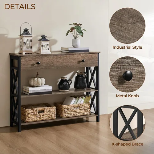 Miniatura 5 de Yaheetech - Mesa de consola con cajón y 2 estantes abiertos de almacenamiento, mesa de sofá para sala de estar, mesa estrecha de 3 niveles
