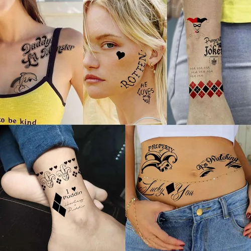 Miniatura 7 de TASROI 5 hojas de calcomanías de tatuaje HQ Joker para mujeres, hombres y adultos, tatuajes temporales de Halloween, kit de maquillaje de cara
