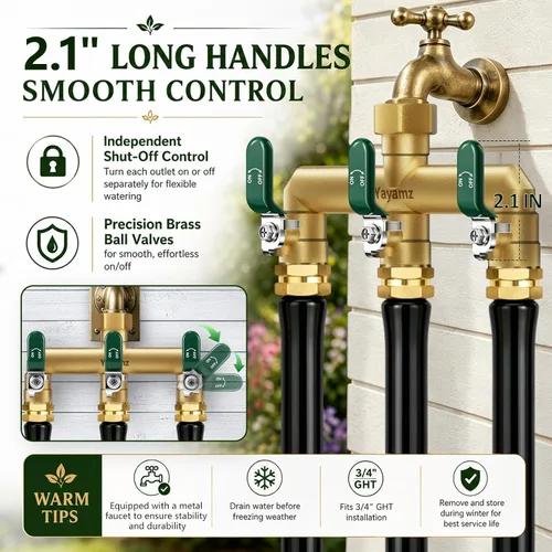 Miniatura 4 de Divisor de manguera de jardín de 3 vías, divisor de espiga de latón para exteriores, 3/4 pulgadas GHT 0.47" Full Flow Ball Valve, Shut-off Valves