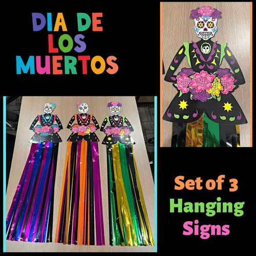 Miniatura 7 de 4E's Novelty Decoraciones colgantes del Día de los Muertos, 36 pulgadas, paquete de 3 pancartas decorativas del día de los muertos (3 pies de alto)