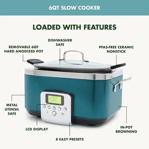 Miniatura 4 de GreenPan - Olla eléctrica programable Elite de cocción lenta 8 en 1, 6 cuartos de galón, tapa y recipiente extraíbles, sin PFAS, cerámica Verde