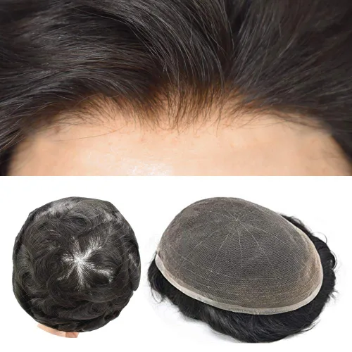 Miniatura 51 de Toupee - Sistema de reemplazo de piezas de cabello humano real, encaje suizo suave frontal para hombre, nudo blanqueado, línea capilar natural