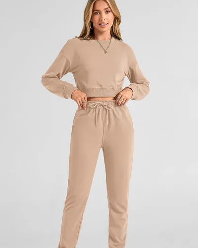 Miniatura 69 de BTFBM Conjunto deportivo de 2 piezas para mujer, camiseta corta de manga larga, sin botones, pantalón con cordón ajustable, pantalones deportivos