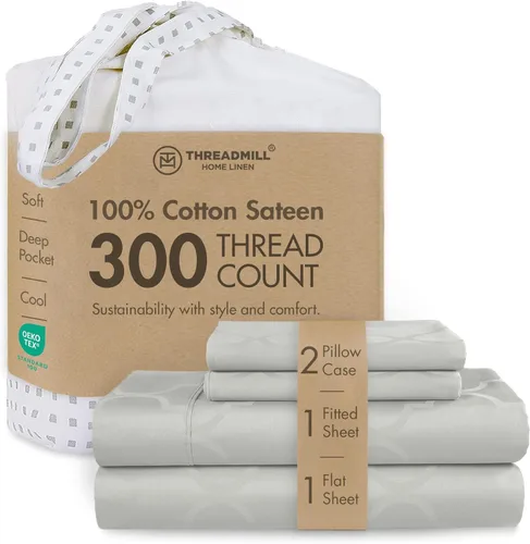 Miniatura 26 de Threadmill Sábanas 100% Algodón para Cama Tamaño King Juego de Sábanas de 4 Piezas para Cama King Suave, Transpirable y Ligero Satén de Damasco