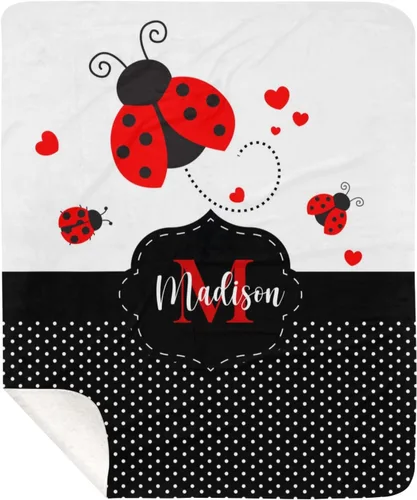 Manta de forro polar con monograma y diseño de lunares negros con nombre para niñas que duermen con diseño de mariquita, 50 x 60 pulgadas, regalo de