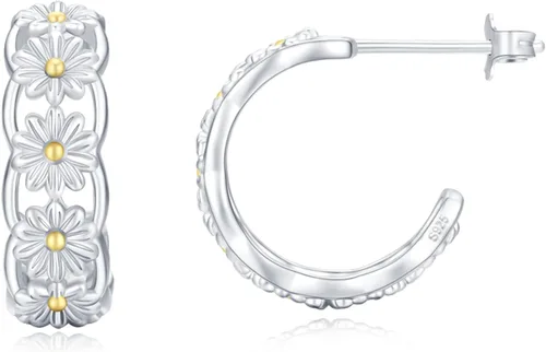 Aretes de aro de margarita para mujeres y niñas, de plata de ley 925, hipoalergénicos, con diseño de margarita, para orejas sensibles, aretes de aro