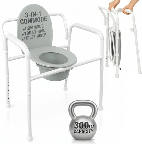 Vive Silla de inodoro para mesita de noche (plegable) – Capacidad de 350 libras, riel de seguridad, silla de ducha – Cubo bariátrico 3 en 1