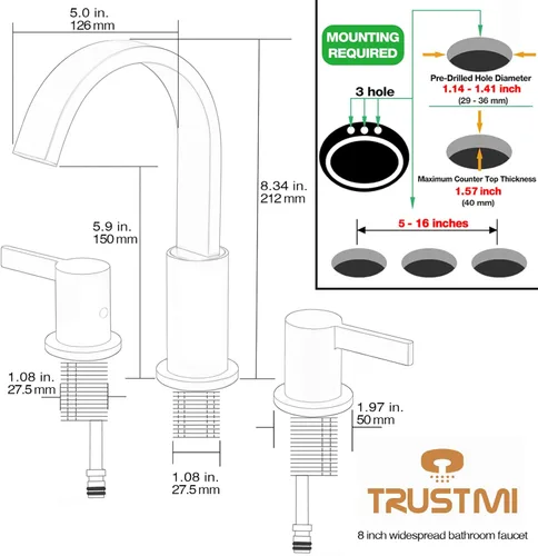 Miniatura 8 de TRUSTMI Grifo de baño dorado cepillado de 8 pulgadas, 3 agujeros, 2 manijas, latón con boquilla giratoria de 360 grados, drenaje de desbordamiento