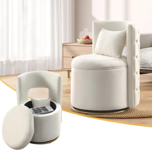 Miniatura 9 de Silla de acento giratoria, sofá redondo de terciopelo de almacenamiento, silla tapizada con barril moderno para guardería, sala de estar, hotel