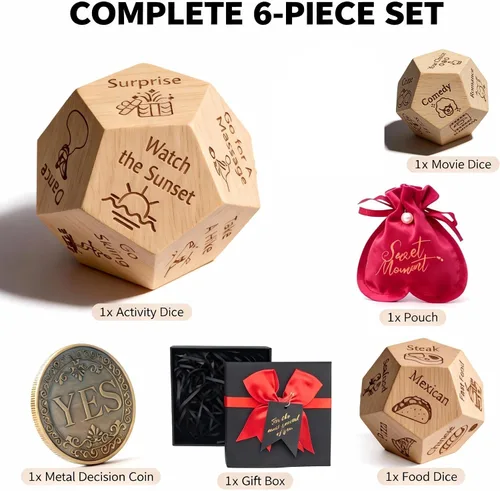 Miniatura 7 de Juego de dados de noche de cita para parejas, decisor de dados de comida y dados de actividad de película con moneda de metal, juego romántico de 6
