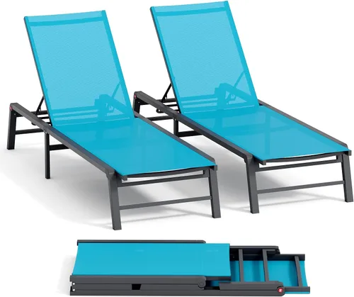 Miniatura 10 de Tumbona de aluminio para exteriores, silla plegable para patio, 2 juegos, sin montaje, sillas de piscina con 5 respaldos ajustables, sillas de salón