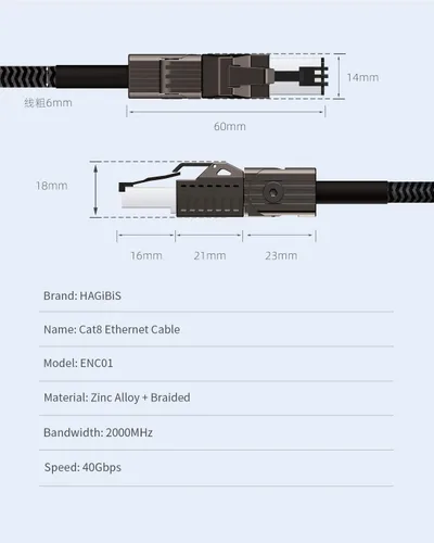 Miniatura 7 de Hagibis - Cable Ethernet CAT8, cable de red LAN de 360° con aleación de zinc RJ45, trenzado 24AWG 40Gbps 2000Mhz de alta velocidad para juegos, PS4