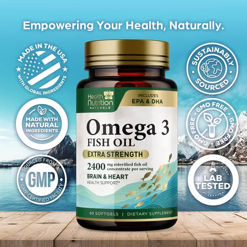 Miniatura 4 de Suplementos de aceite de pescado Omega 3 – 2400 mg de aceite de pescado por porción – Omega-3 de triple fuerza con ácidos grasos EPA y DHA – Apoyo