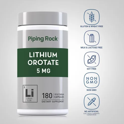 Miniatura 3 de Piping Rock Suplemento de orrotato de litio 5 mg 180 cápsulas Sin OMG, vegetariano, sin gluten