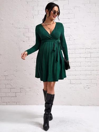 Miniatura 5 de MakeMeChic Vestido de maternidad para mujer, manga larga, cuello en V, acanalado, con cinturón, vestido de embarazo