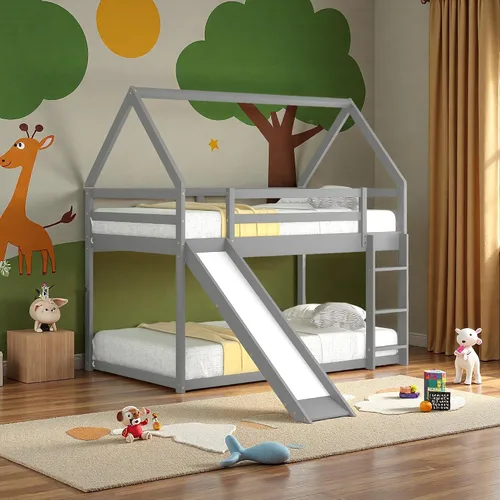 Harper & Bright Designs Litera individual sobre individual para niños con tobogán y techo, marco de cama de madera con barandillas de 12.9 pulgadas