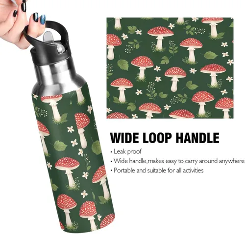 Miniatura 4 de Cute Red Mushrooms Green Stainless Steel Water Bottle 20 Oz Leakproof Water Bottles, BPA-Free Sports Water Bottle with Straw