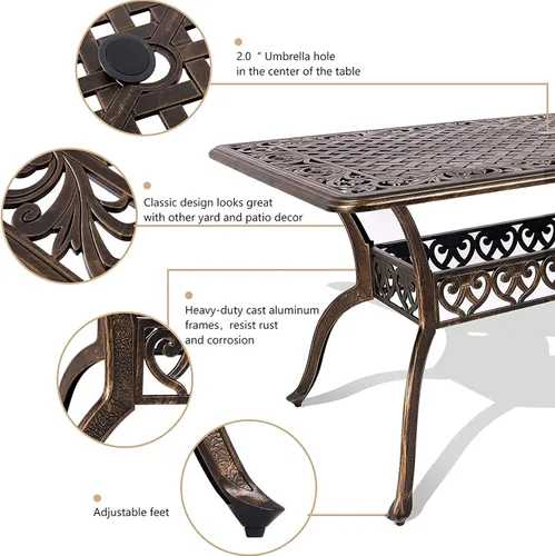 Miniatura 4 de TITIMO Juego de comedor de 7 piezas de aluminio fundido para patio, muebles de comedor al aire libre, juego de conversación de patio, mesa