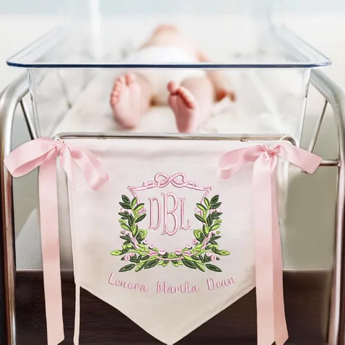 Miniatura 3 de Letrero personalizado de bienvenida para bebé, bandera bordada con nombre, letrero para puerta de hospital de bebé, con lazos, decoración de baby