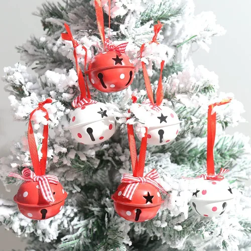 Miniatura 7 de Cascabeles de Navidad, 12 campanas artesanales con copo de nieve para adornos de corona de árbol, decoraciones navideñas de bricolaje (blanco y rojo)