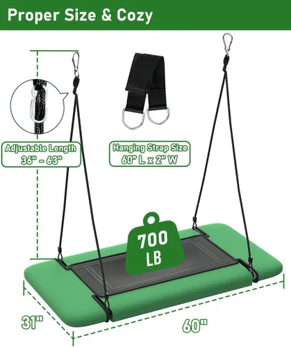Miniatura 3 de Columpio de árbol rectangular de 60 pulgadas para niños y adultos, columpio de plataforma ajustable con correas para colgar, capacidad de 700