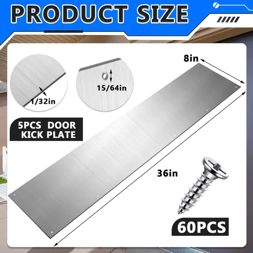 Miniatura 2 de Therwen 5 juegos de placas protectoras plateadas de 8 x 36 pulgadas para puertas exteriores, placas protectoras de aluminio satinado con tornillos