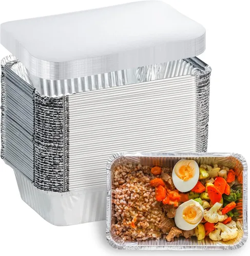 Miniatura 8 de Sartenes de aluminio con tapas (paquete de 50 unidades, 8.5 x 6 pulgadas), recipientes de alimentos de aluminio de 2.25 libras con tapas, 50