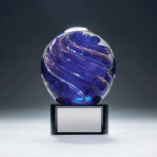 Miniatura 3 de Baudville Trofeo de lágrima de cristal grabado Azul-oro redondo