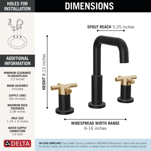 Miniatura 5 de Delta Nicoli - Grifo de baño negro mate/dorado cepillado de 3 agujeros, 8 pulgadas de grifo de lavabo de baño generalizado para tocador, conjunto