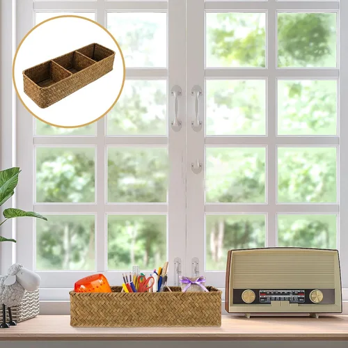 Miniatura 5 de FOMIYES Caja de almacenamiento de mimbre con 3 compartimentos, organizador de escritorio rectangular para almacenamiento en el hogar y lavandería