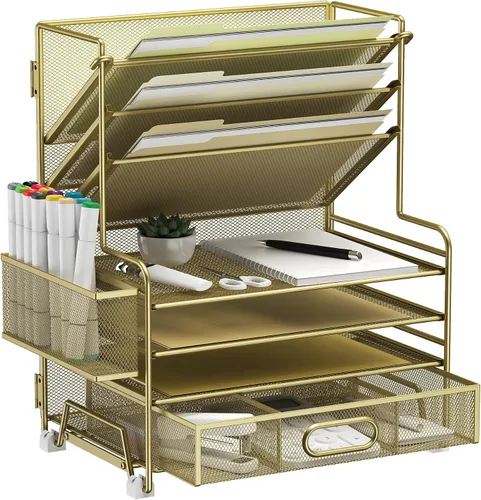 Miniatura 13 de MINDEPOT Organizador de papel de 4 niveles + soporte para archivos de 3 bolsillos + cajón + soportes para bolígrafos, organizador de archivos