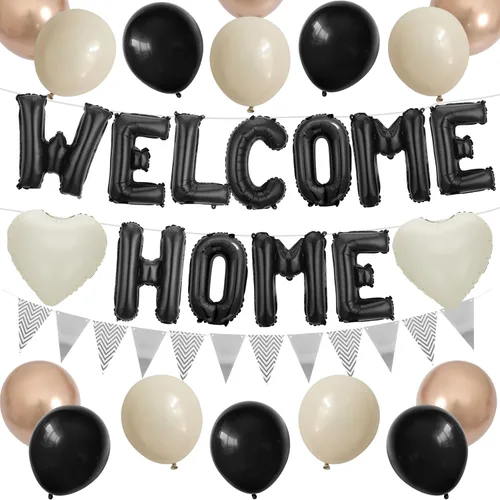 Miniatura 12 de Decoraciones Welcome Home Negro Azul Plateado, Pancarta de Globos de Papel de Aluminio Negro Welcome Home con Globos de Corazón Azul Marino Banderín