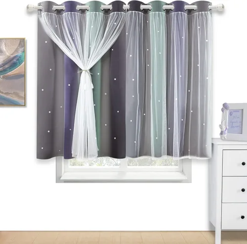 Miniatura 11 de Cortinas opacas con recorte de estrellas y arcoíris para guardería/habitación de niños/niñas, con superposición de tul, 2 paneles, cada una de 52