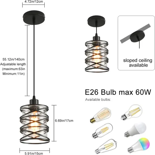 Miniatura 8 de Paquete de 3 Luces Colgantes para Isla de Cocina, Iluminación Colgante para Isla de Cocina, Luz Colgante de Vidrio con Jaula en Espiral, Pantalla