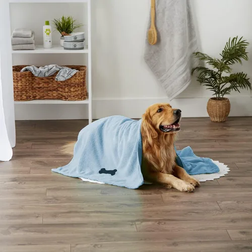 Miniatura 5 de Bone Dry Pet Drying Collection - Toalla de microfibra bordada para mascotas, XL, 41 x 23.5 pulgadas, color celeste con huella de hueso negra Azul