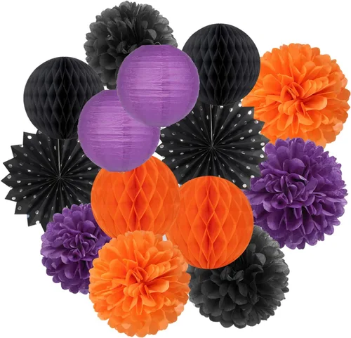 Decoraciones de fiesta de Halloween en color negro, naranja y morado, kit de 14 linternas de papel, pompones de flores de tejido, bolas de panal,