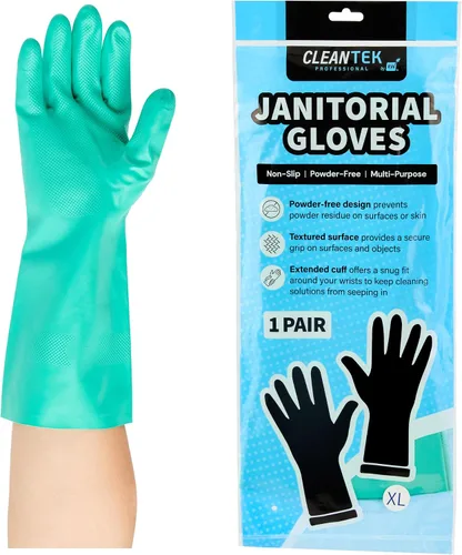 Miniatura 26 de Restaurantware Guantes de limpieza verdes, 10 pares de guantes de nitrilo de 15 mil de grosor, pequeños y resistentes con puño largo, forro