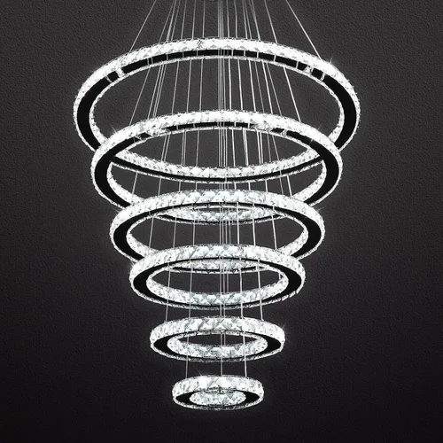 Siljoy Moderna lámpara de araña de cristal, 6 anillos, lámpara de techo LED con 3 colores, lámpara de techo alto para sala de estar, comedor,